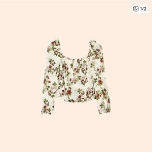 Reformation White Peasant Blouse with Red Rose Print